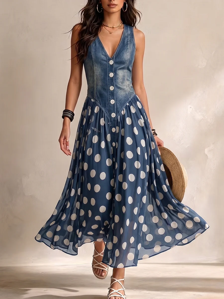 Vylina - Vestido Vaquero Con Falda De Gasa De Lunares