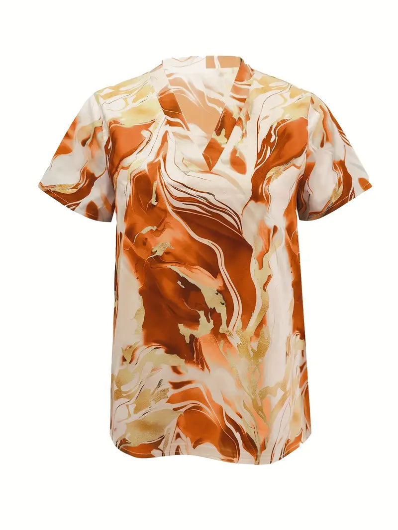 Maroula - Elegante Camisa De Manga Corta Con Estampado De Mármol