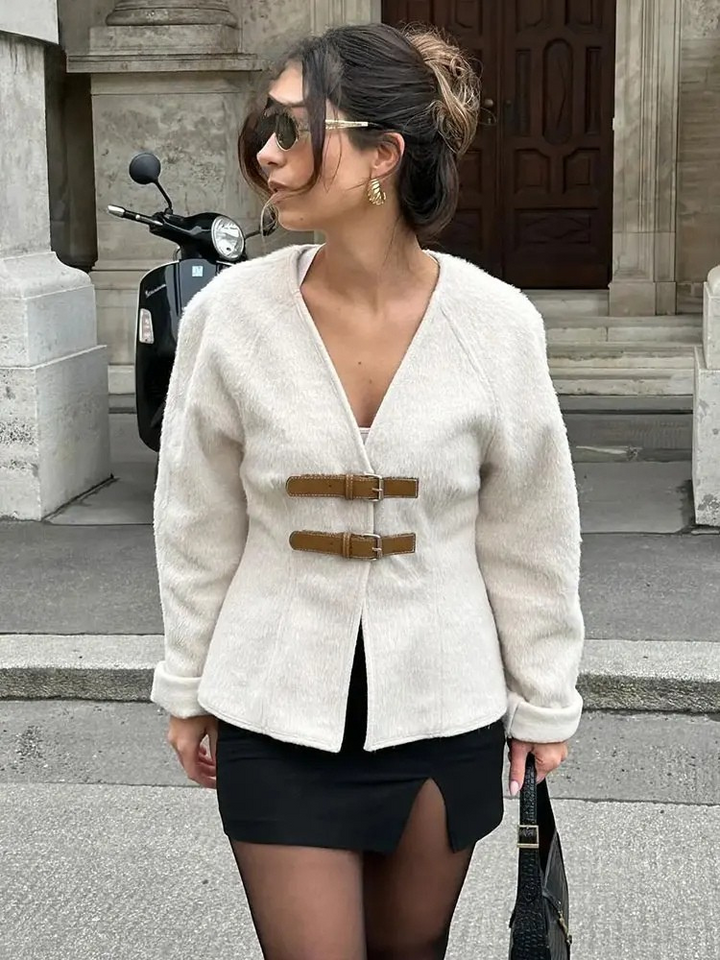 Larisa - Abrigo de Lana con Hebilla de Cuero Retro