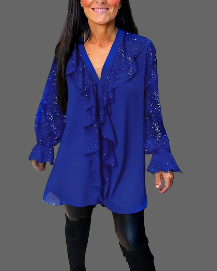 Moxie - Blusa con Volantes y Lentejuelas Brillantes con Cuello en V