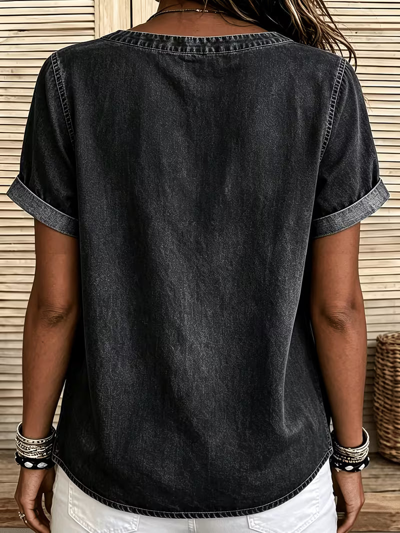 Ferina - Camiseta Vaquera De Manga Corta Con Efecto Desgastado