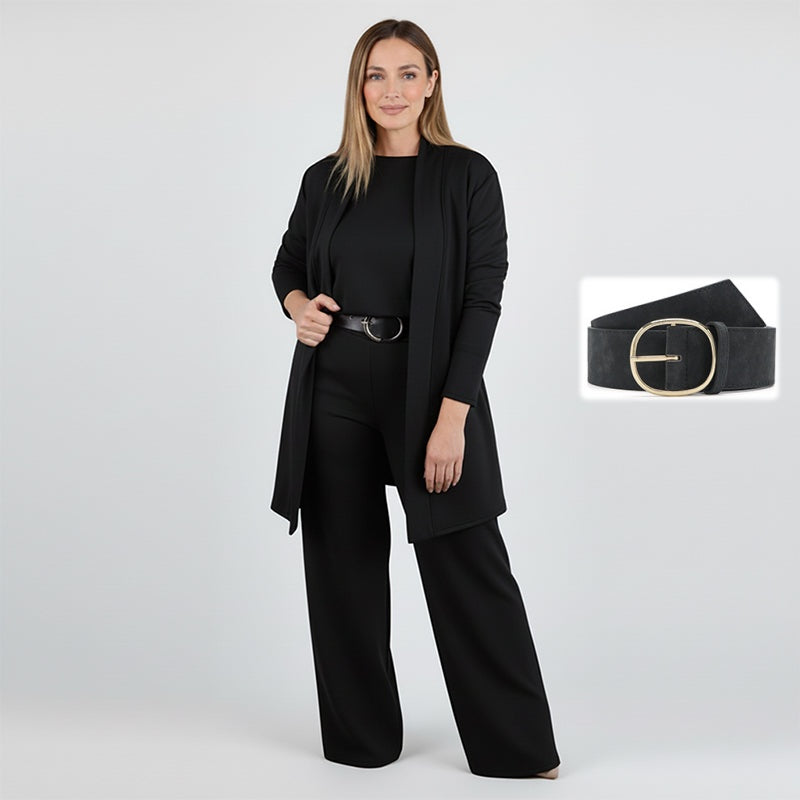 Dorren - Elegante Conjunto de Tres Piezas Con Cárdigan Largo, Top y Pantalón