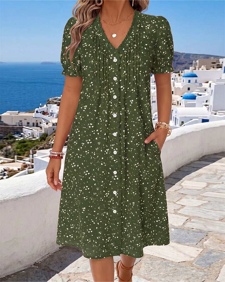 Dayma - Vestido Floral Con Cuello en V Y Botones en La Parte Delantera