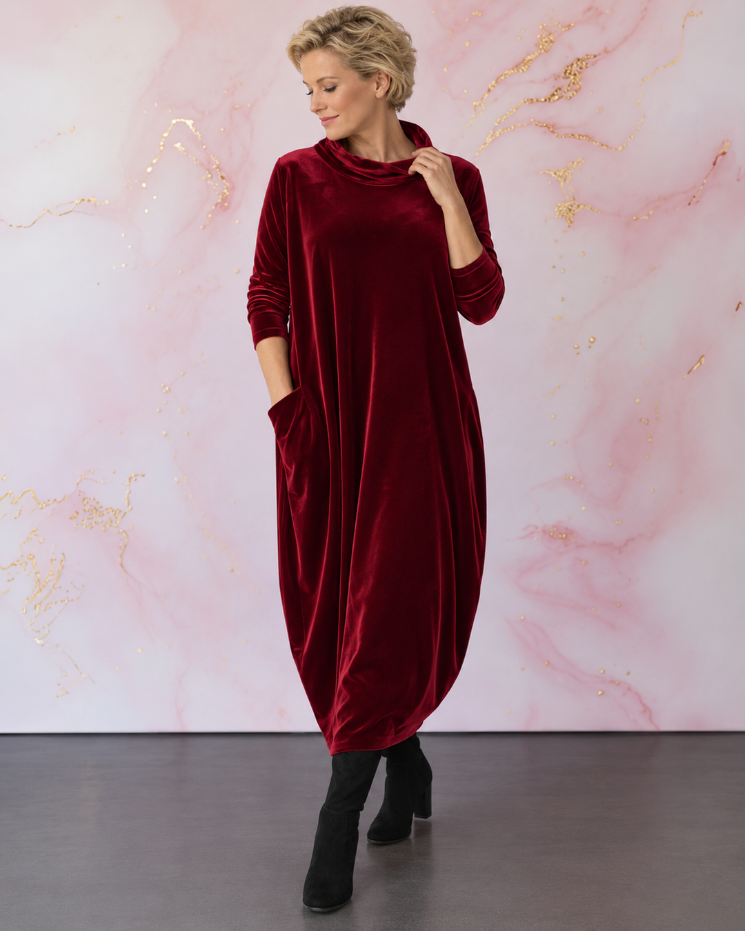 Lellina - Vestido Largo Holgado De Terciopelo Con Cuello Alto