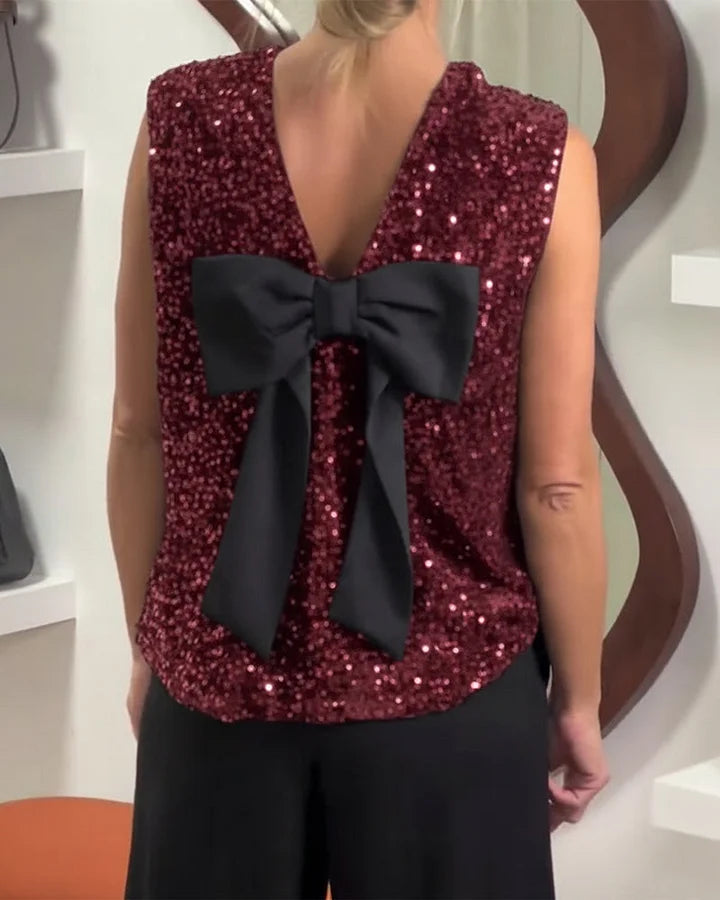 Shinobu - Camiseta Sin Mangas Con Lentejuelas y Lazo a la Moda