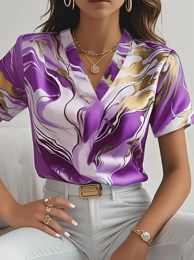 Maroula - Elegante Camisa De Manga Corta Con Estampado De Mármol
