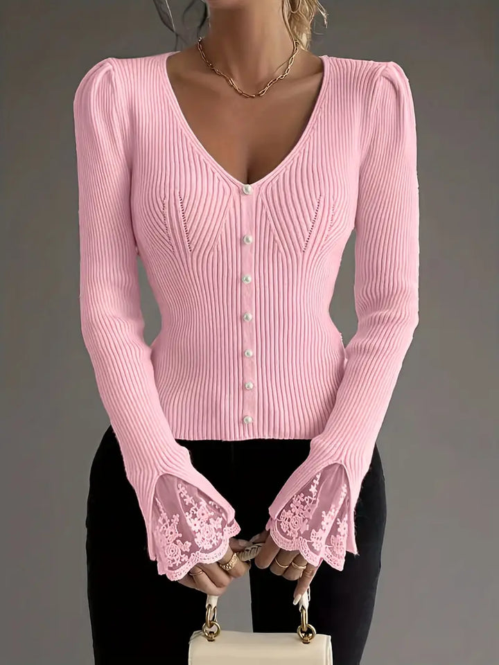 Visenna - Elegante Jersey Con Cuello en V y Mangas De Encaje