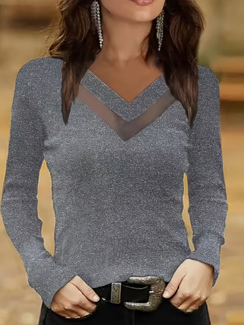 Mesha - Camiseta De Manga Larga Con Inserción De Malla Y Cuello en V