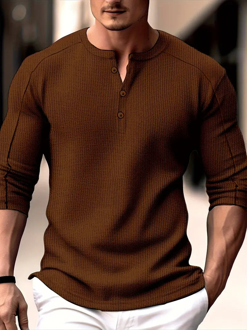 Biden - Camisa De Manga Larga Con Cuello Henley Y Tejido De Punto Waffle