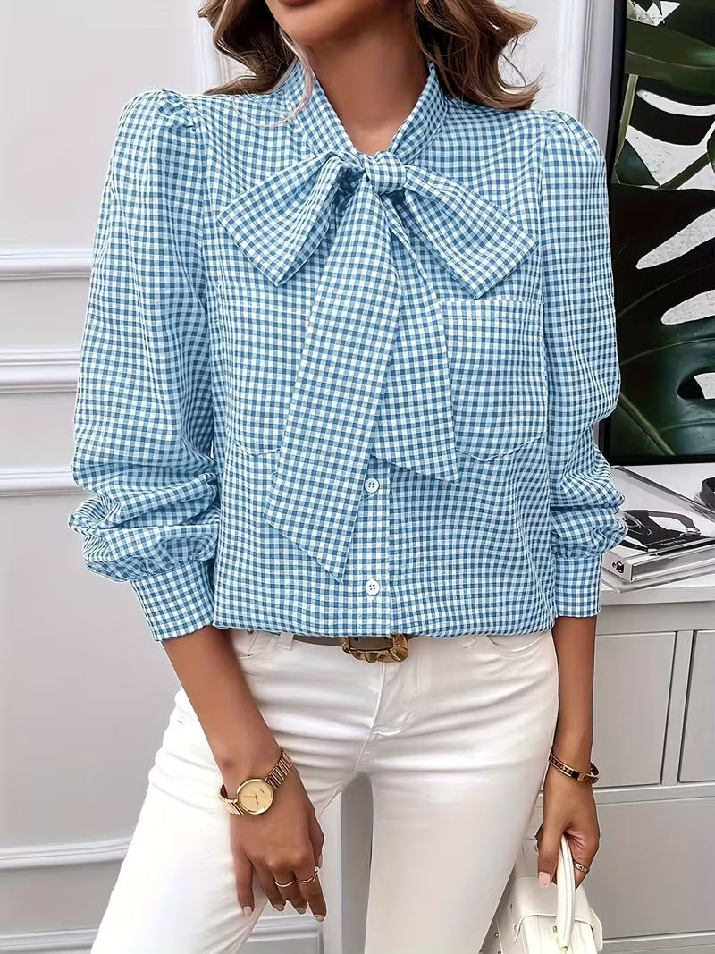 Meella - Elegante Blusa Con Pajarita a Cuadros Vichy