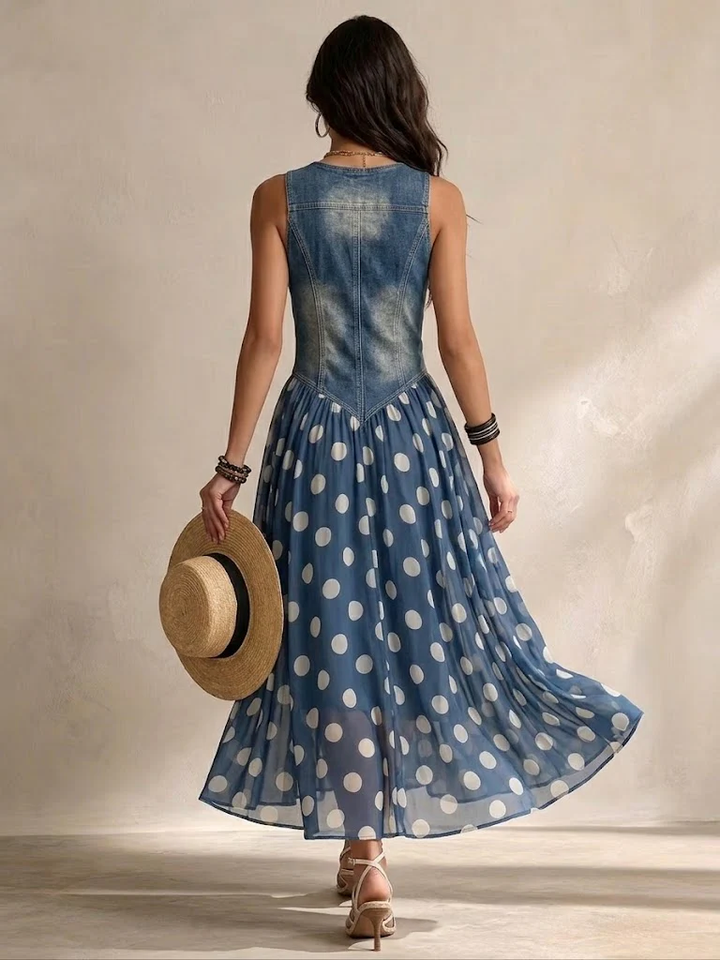 Vylina - Vestido Vaquero Con Falda De Gasa De Lunares