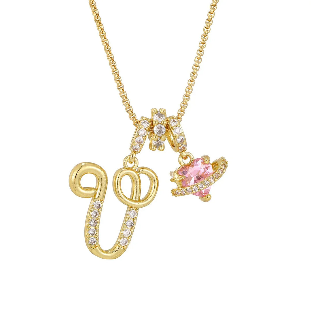 Nerute - Collar Con Inicial y Colgante de Corazón Rosa