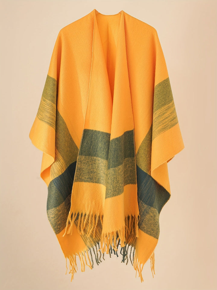 Kyrine - Poncho Chal Con Flecos Y Estampado Geométrico