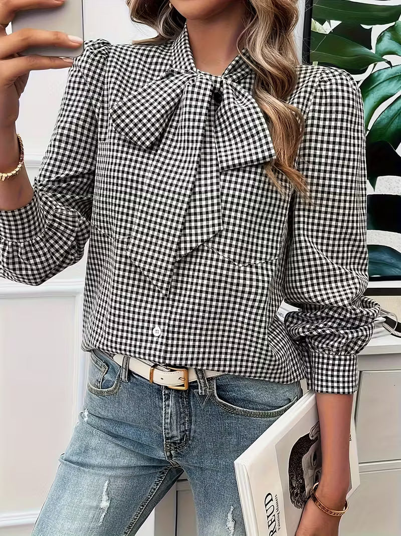 Meella - Elegante Blusa Con Pajarita a Cuadros Vichy