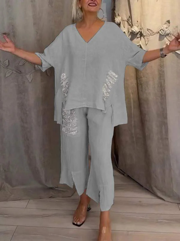Himashi - Elegante Traje De Dos Piezas De Algodón y Lino Con Cuello En V