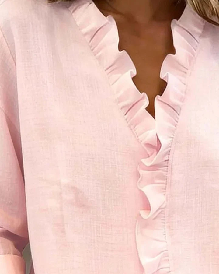 Aletta - Blusa Con Cuello En V Con Volantes y Manga Larga