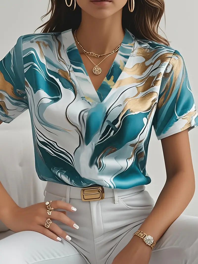 Maroula - Elegante Camisa De Manga Corta Con Estampado De Mármol