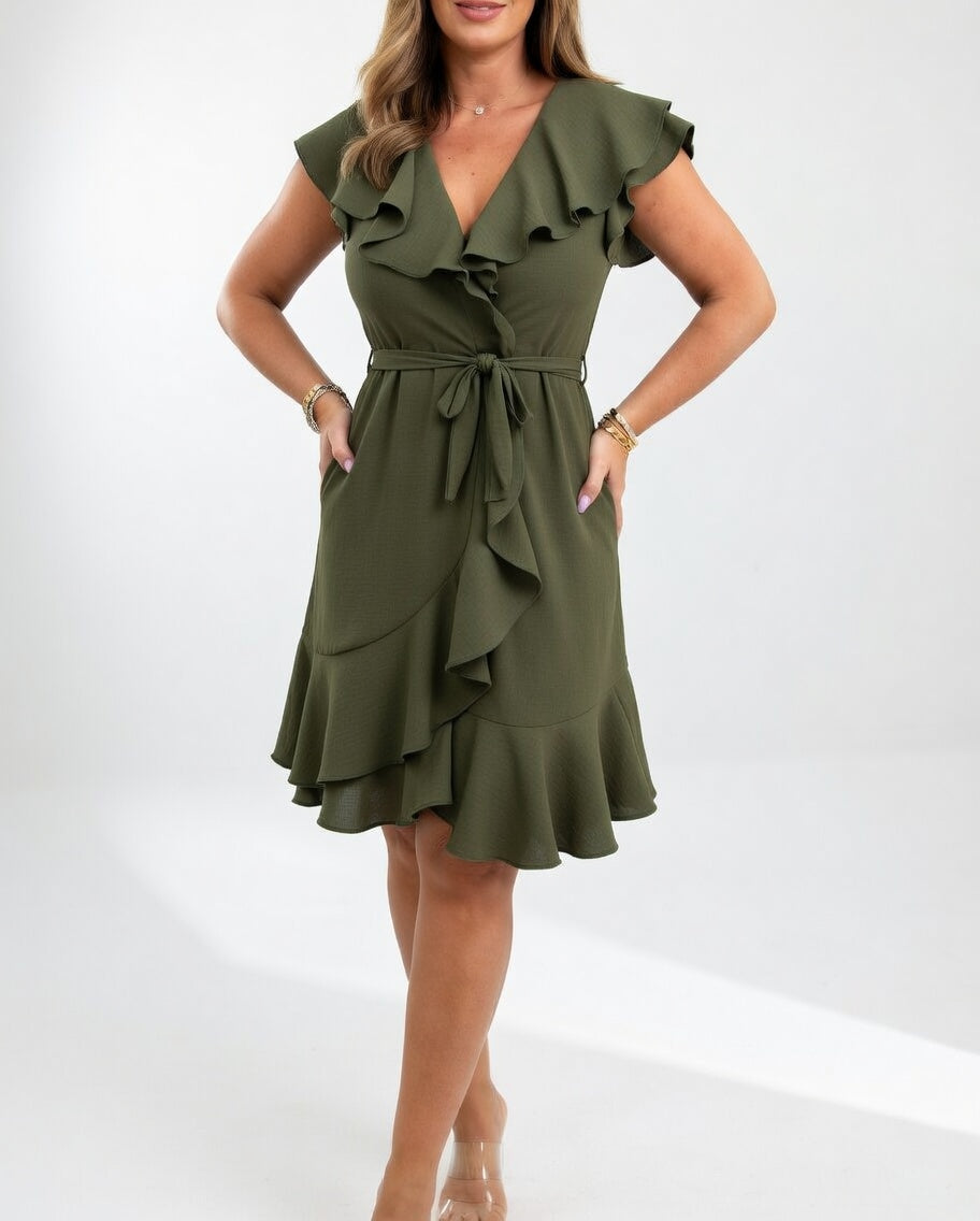 Geiss - Elegante Vestido Cruzado Con Volantes Fluidos