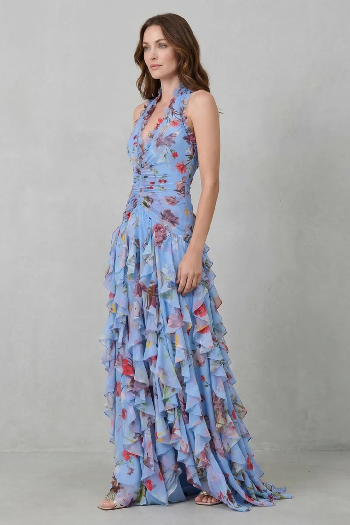Eliora - Vestido Largo Con Cuello Halter y Estampado Floral En Cascada
