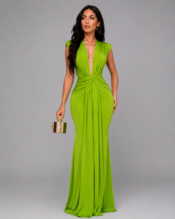 Femke - Vestido Largo Con Cuello en V y Fruncidos