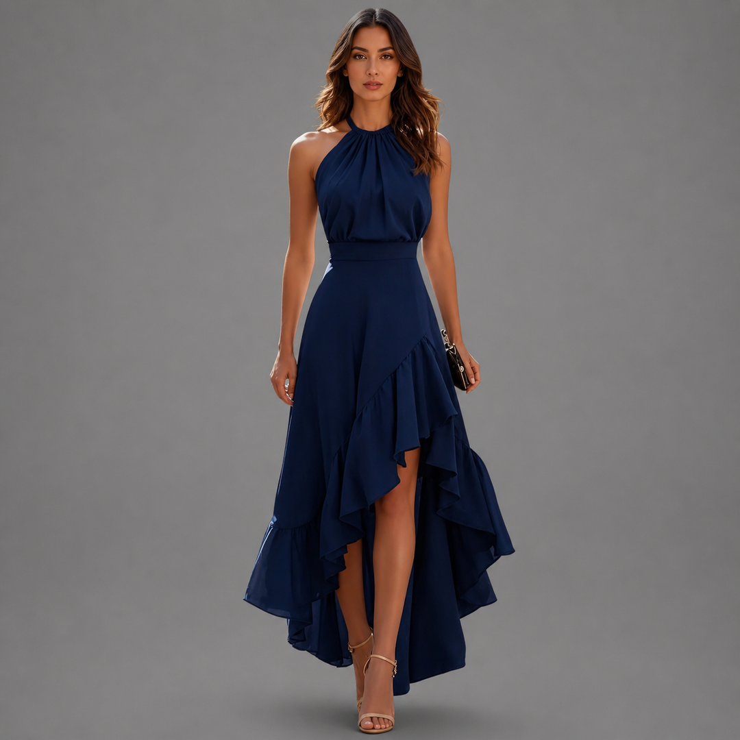 Benetou - Vestido Largo Asimétrico Con Volantes Y Escote Halter