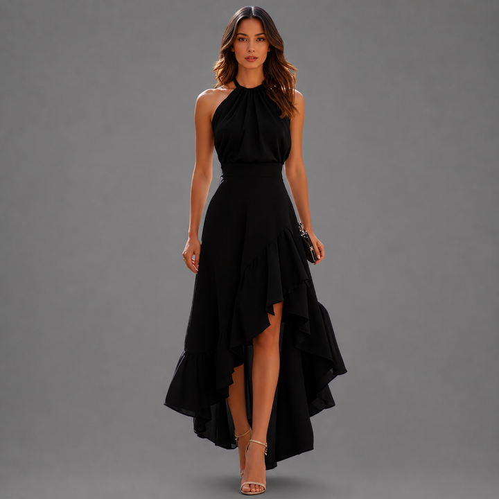 Benetou - Vestido Largo Asimétrico Con Volantes Y Escote Halter