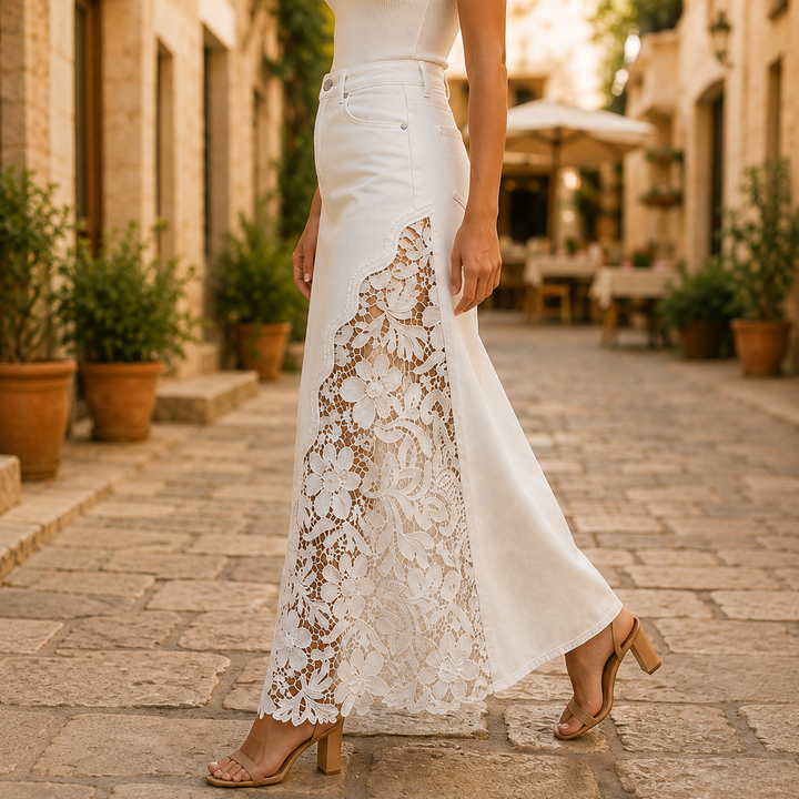 Khaingan - Falda Larga De Denim Con Encaje