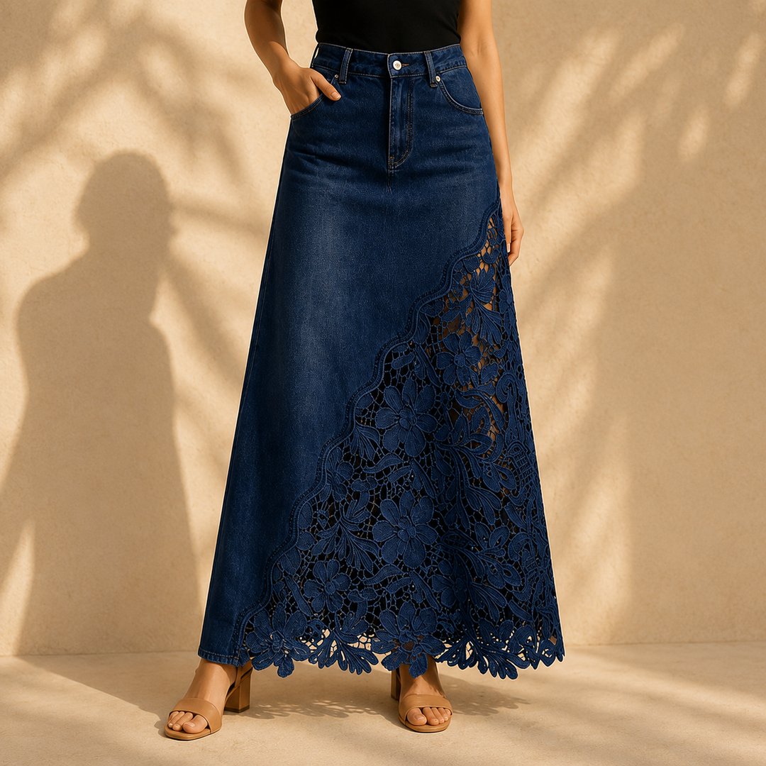 Khaingan - Falda Larga De Denim Con Encaje