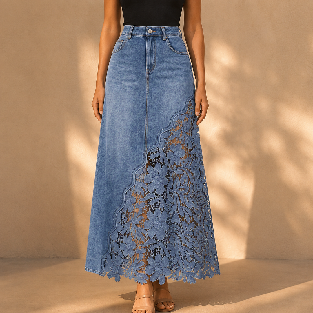 Khaingan - Falda Larga De Denim Con Encaje