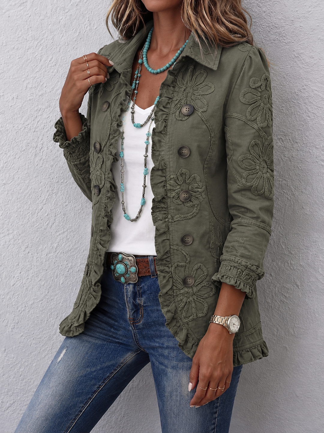 Eloria - Chaqueta Con Bordado Floral, Botones en La Parte Delantera Y Volantes en El Bajo
