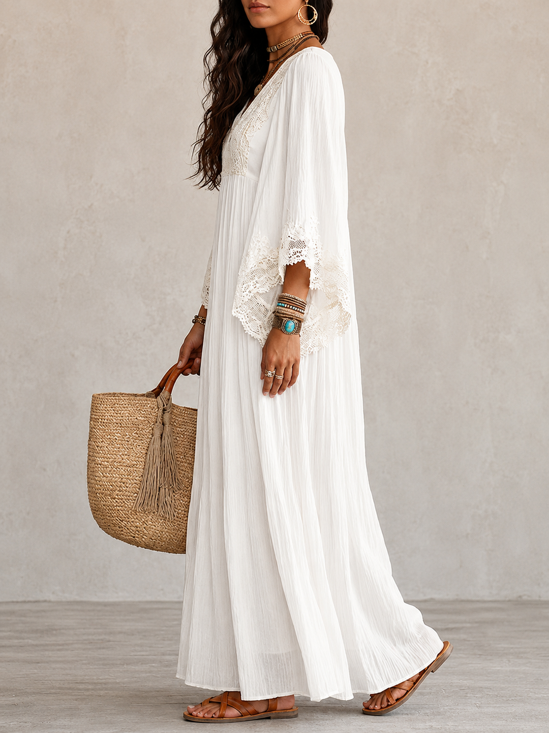 Shimmila - Vestido Largo De Gasa Con Mangas De Murciélago y Encaje