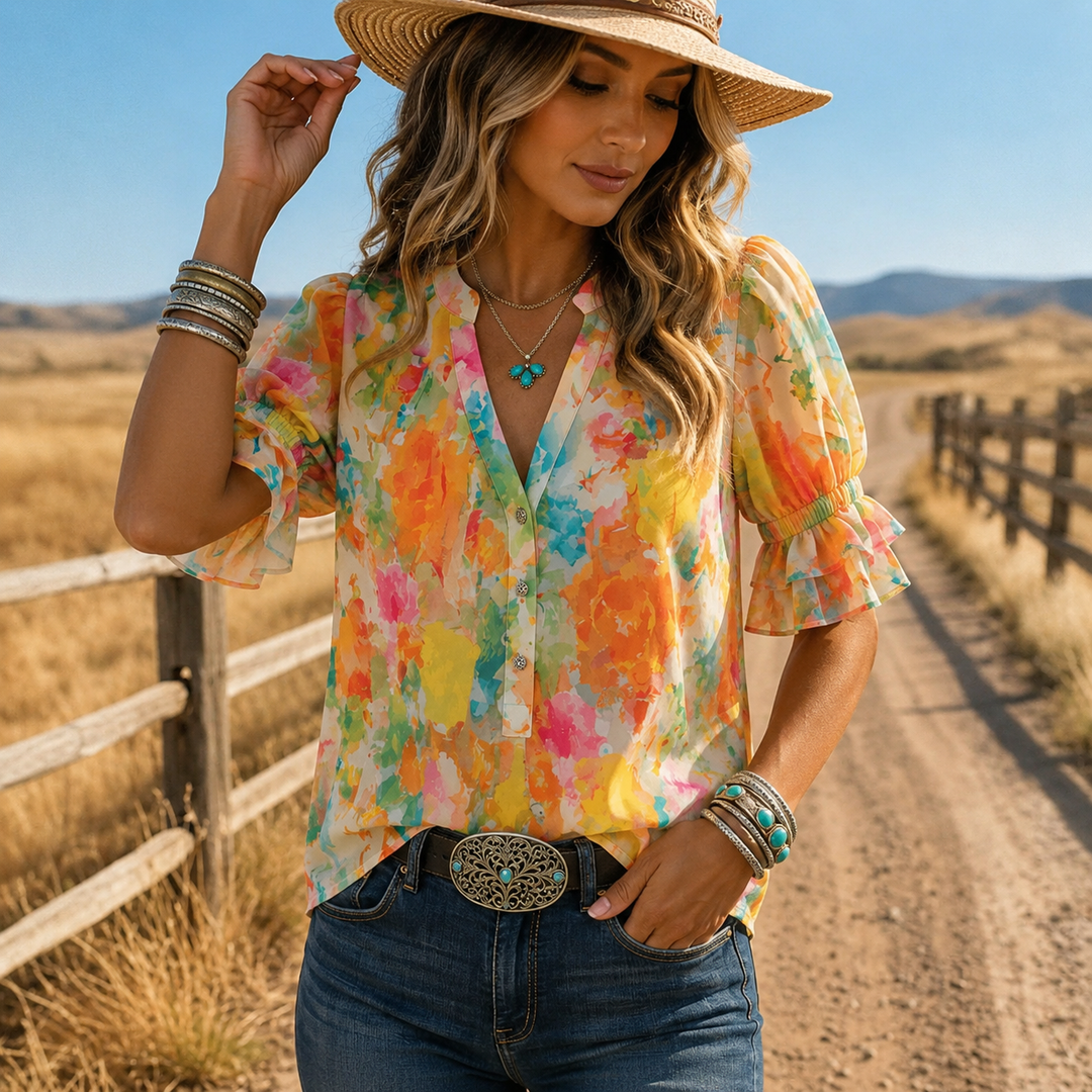 Suda - Blusa Floral Con Botones en La Parte Delantera Y Mangas Abullonadas