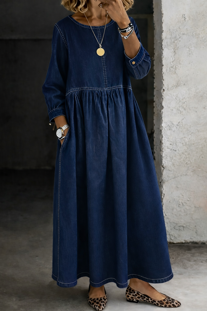 Stelzer - Vestido Largo De Denim Con Cuello Redondo