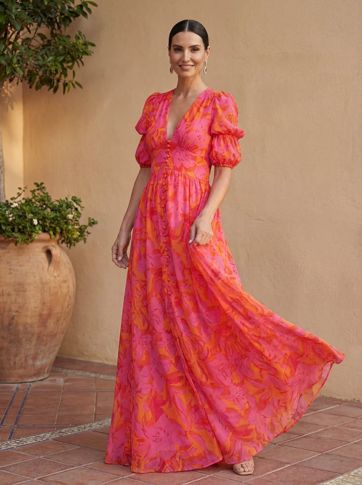 Zinnia - Vestido Largo Con Estampado Floral Y Cuello en V