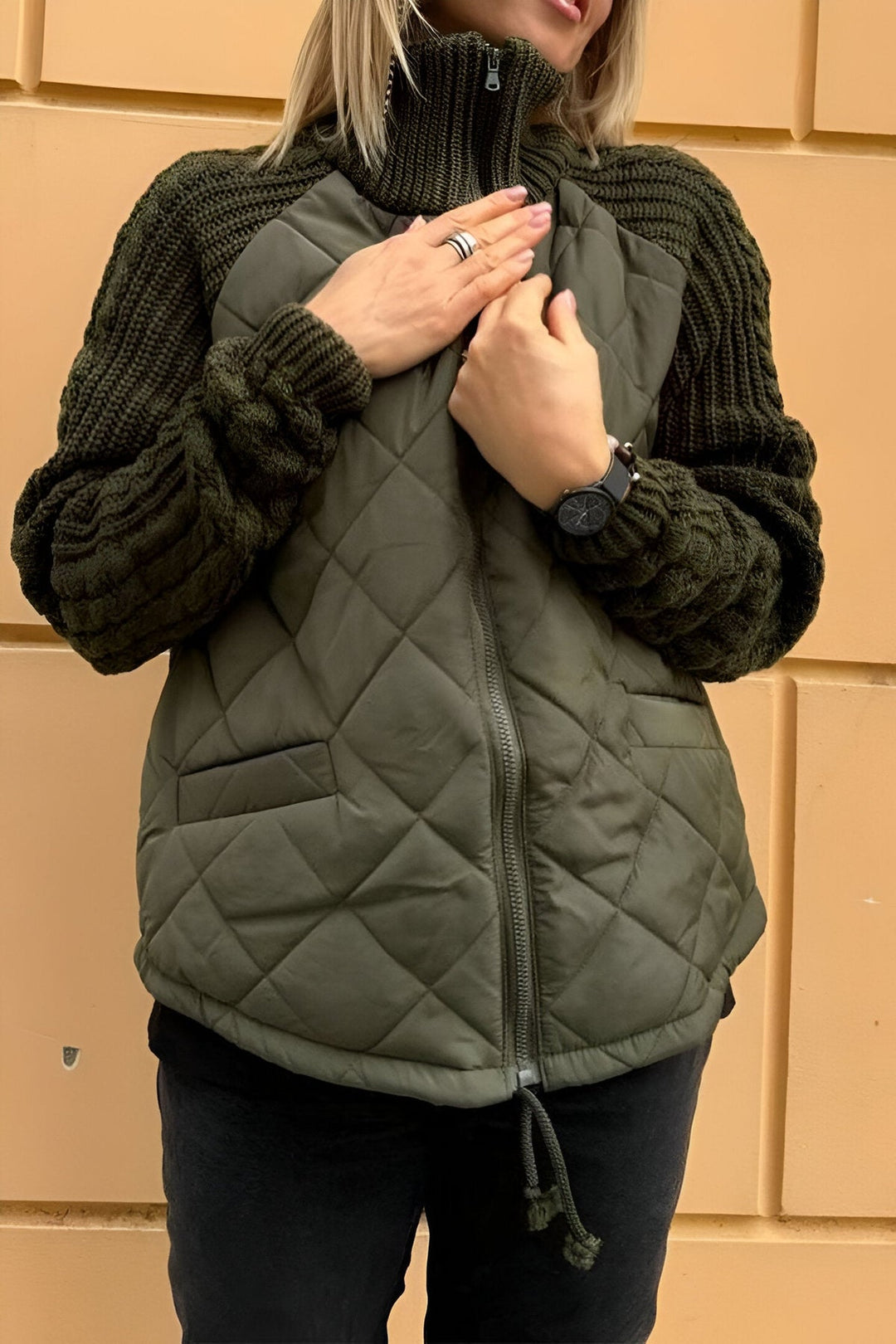 Leonarda - Chaqueta de Punto con Cremallera y Patchwork
