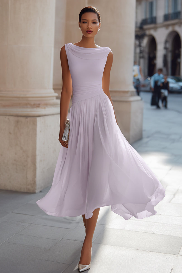 Zephira - Vestido Midi Sin Mangas, Con Cuello Drapeado Y Pliegues