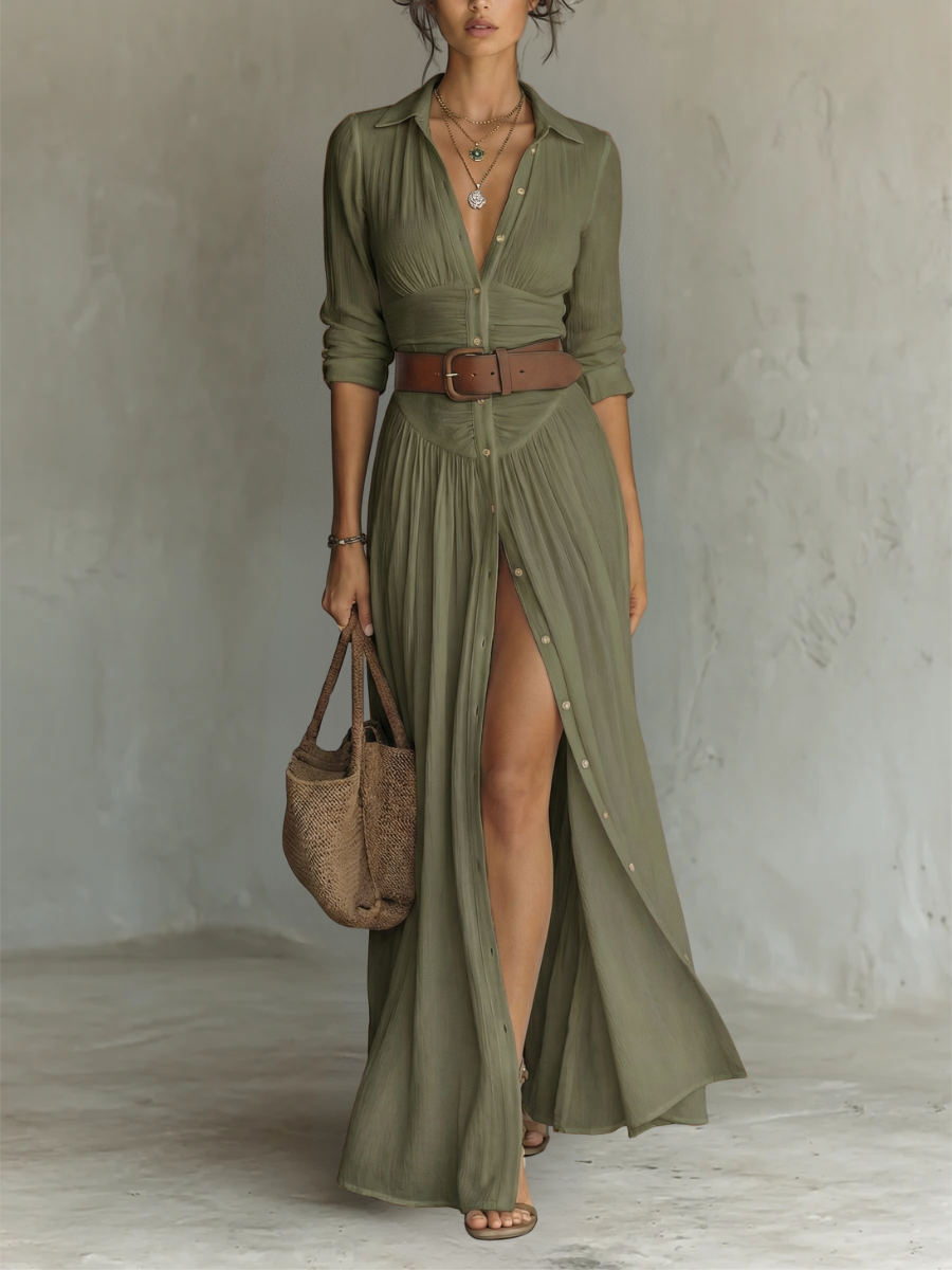 Sewmini - Vestido largo de Lino Con Cuello Con Solapa