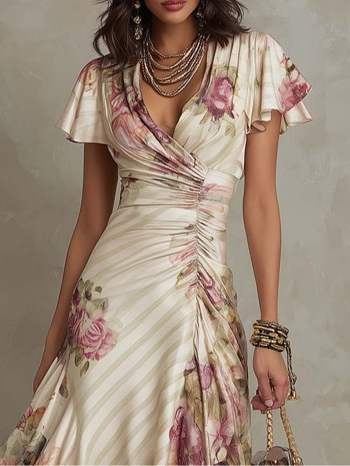 Neomi - Elegante Vestido Retro De Satén Con Estampado Floral