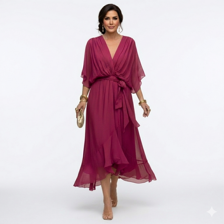 Zagda - Elegante Vestido Midi Con Cuello en V