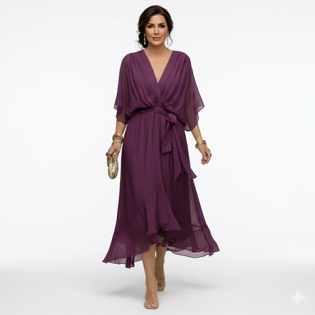 Zagda - Elegante Vestido Midi Con Cuello en V