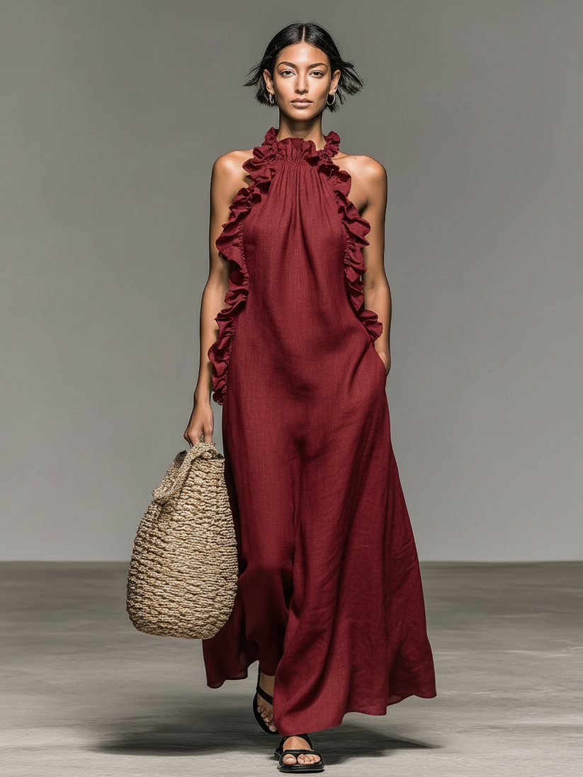 Fiora - Vestido Largo Sin Mangas, Con Volantes, Cuello Halter Y Bolsillos