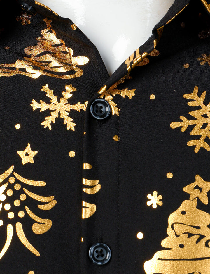 Nalcolm - Camisa Negra de manga Larga con Estampado Navideño Dorado para Hombre