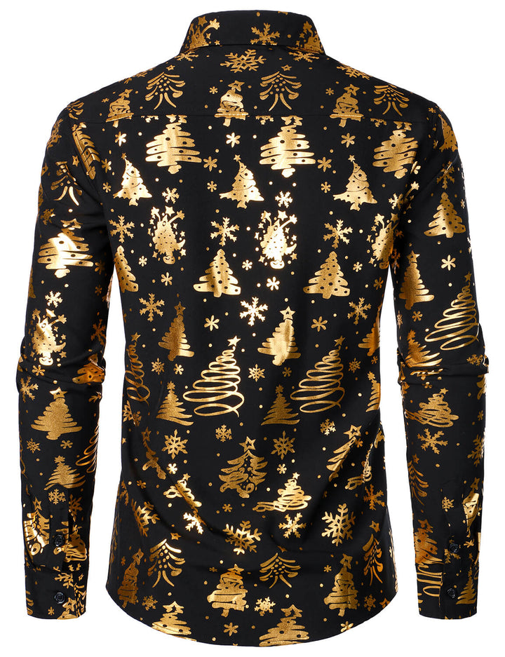 Nalcolm - Camisa Negra de manga Larga con Estampado Navideño Dorado para Hombre