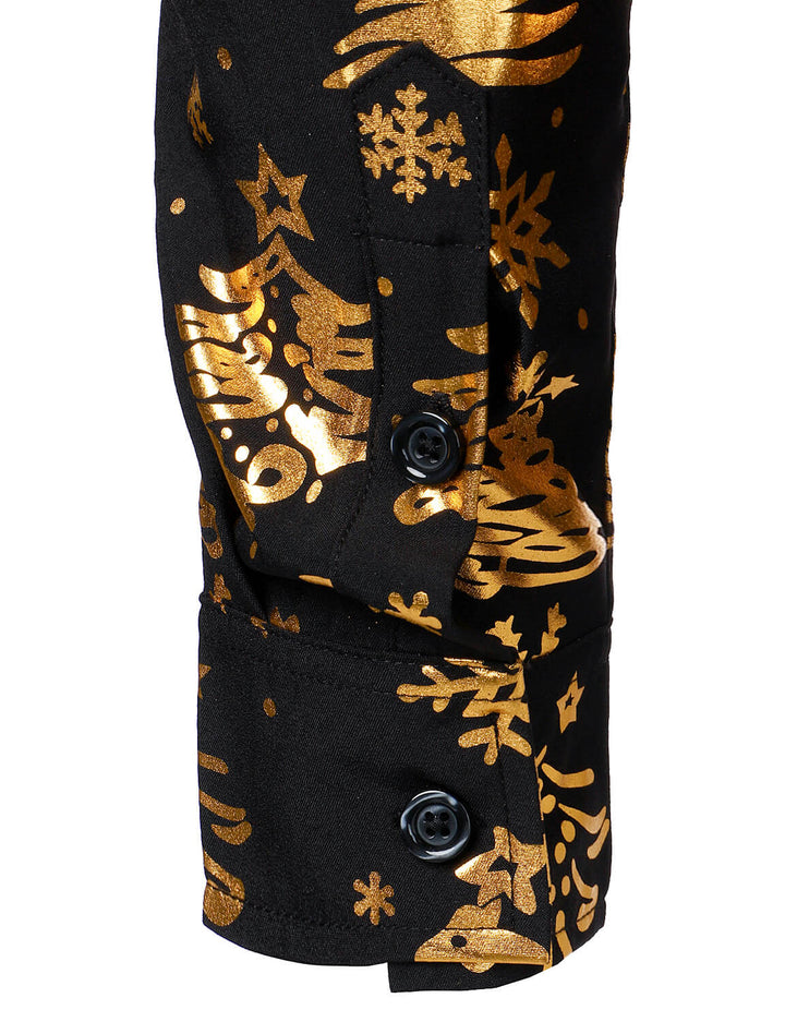 Nalcolm - Camisa Negra de manga Larga con Estampado Navideño Dorado para Hombre