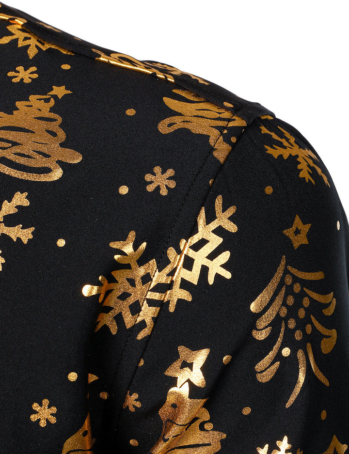 Nalcolm - Camisa Negra de manga Larga con Estampado Navideño Dorado para Hombre