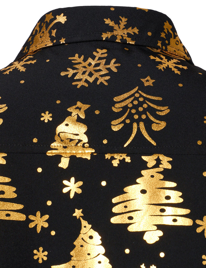 Nalcolm - Camisa Negra de manga Larga con Estampado Navideño Dorado para Hombre