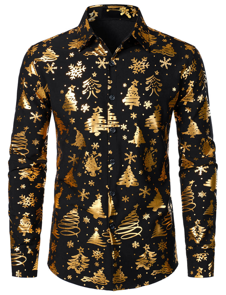 Nalcolm - Camisa Negra de manga Larga con Estampado Navideño Dorado para Hombre