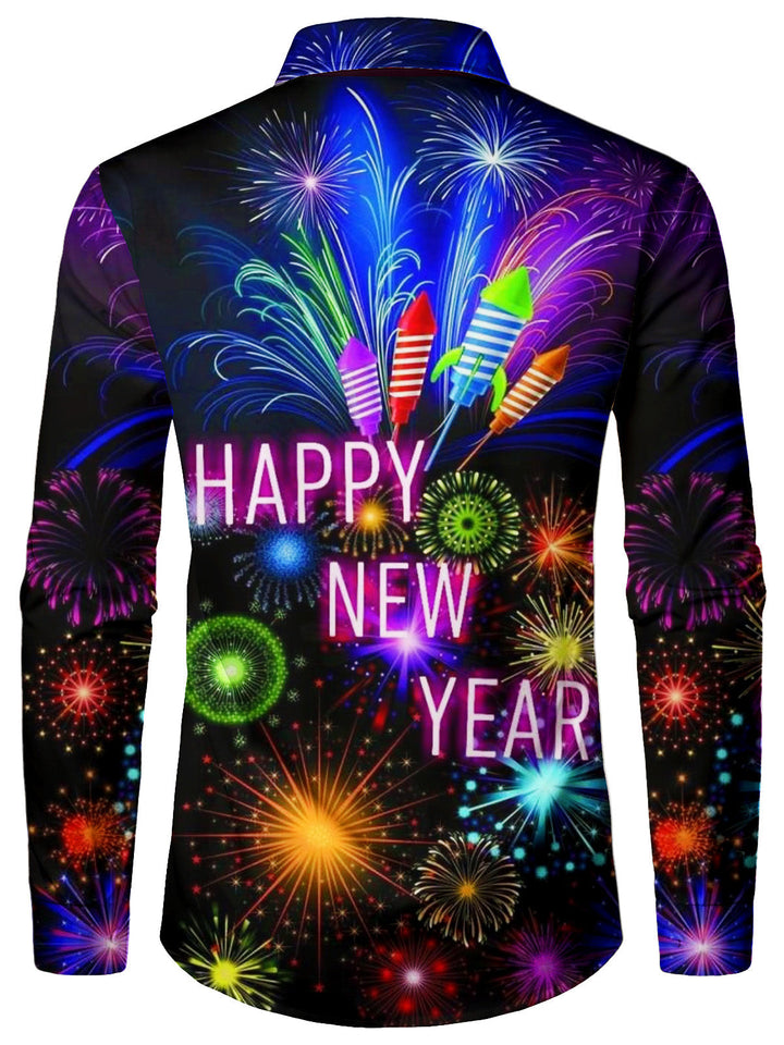 Mateo - Camisa de Manga Larga para Hombre con Estampado de Fuegos Artificiales de Año Nuevo