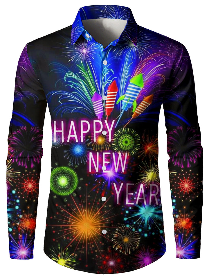 Mateo - Camisa de Manga Larga para Hombre con Estampado de Fuegos Artificiales de Año Nuevo
