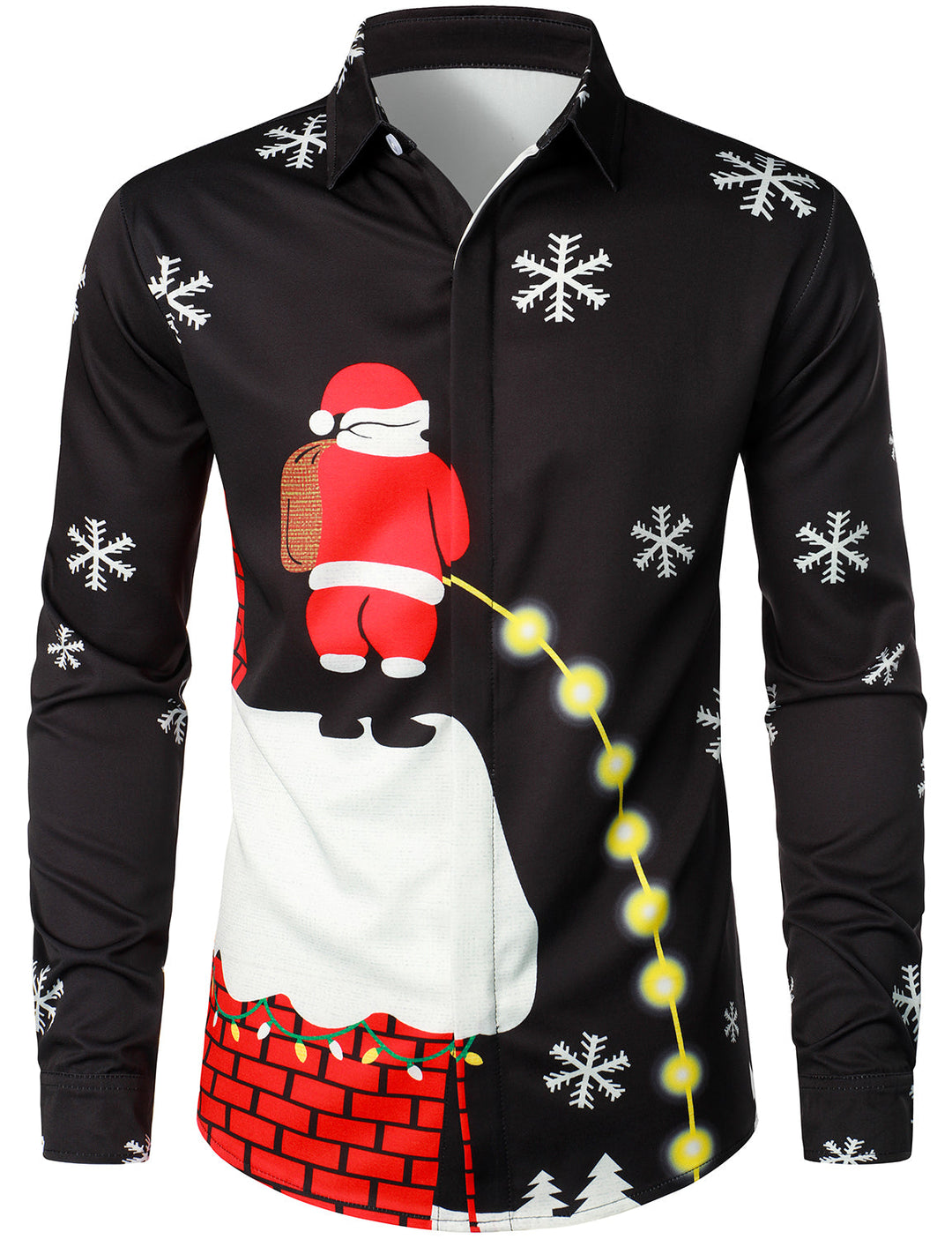 Mathan - Camisa Divertida de manga Larga con Botones para Hombre, color negro, con diseño de Papá Noel